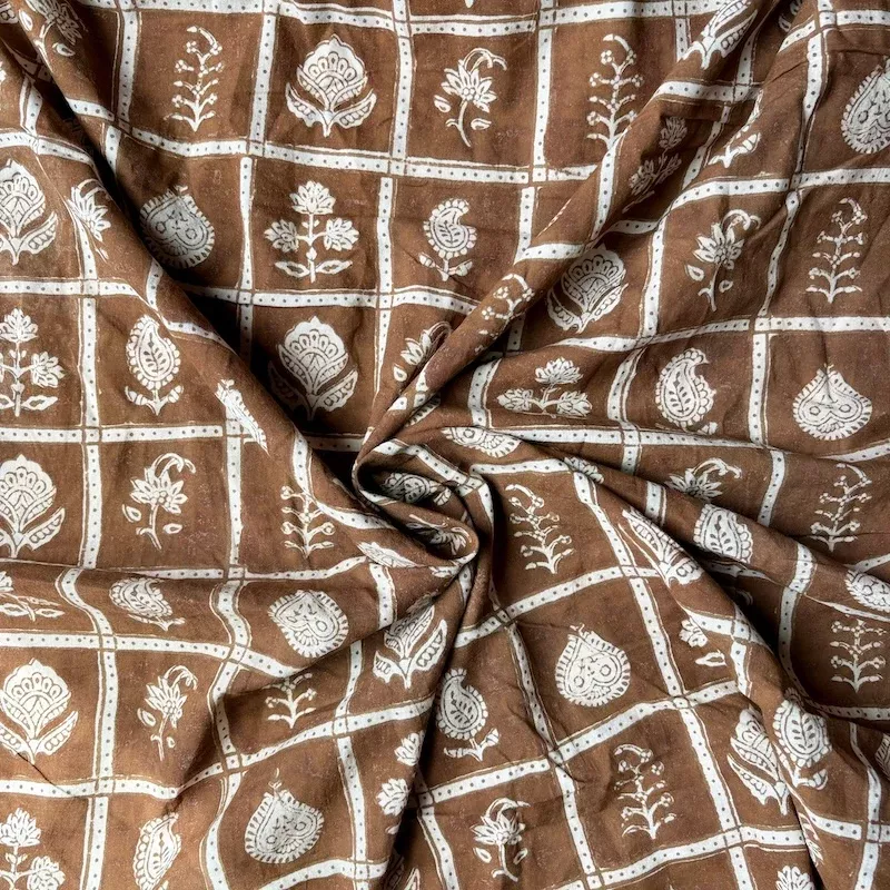 Bagh Hand Block Print - Cotton - Floral Grid - Coffee