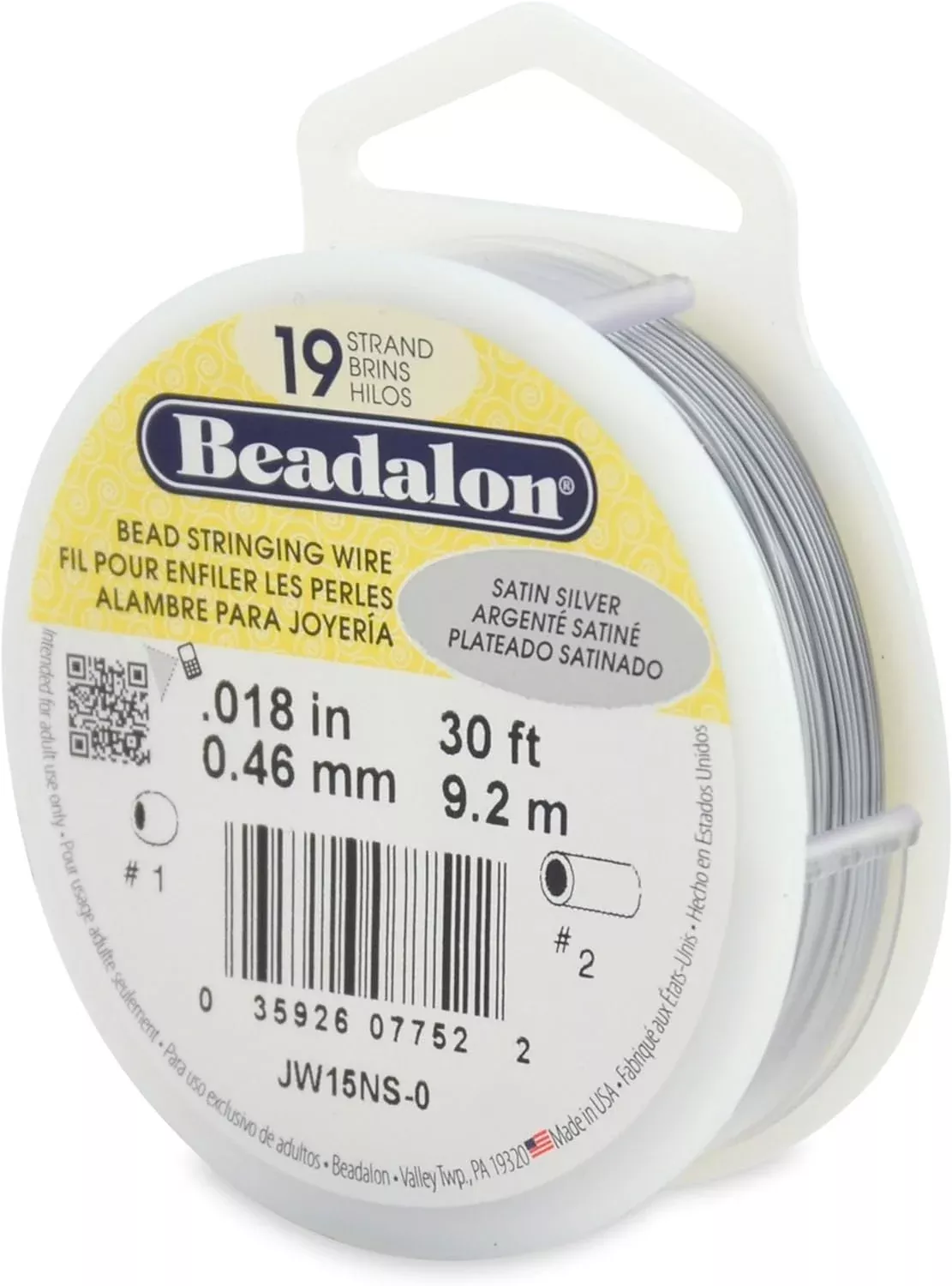 Beadalon 19-Strand Bead Stringing Wire, 0.018-Inch, Satin Silver, 30-F