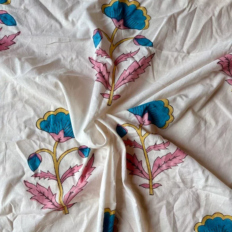 Sanganeri Hand Block Print - Cotton - Large Fan Flowers - Blue on White