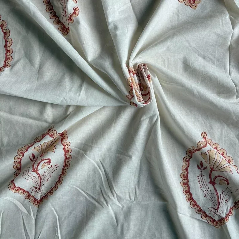 Sanganeri Hand Block Print - Cotton - Large Flower Cameo - Cherry on White