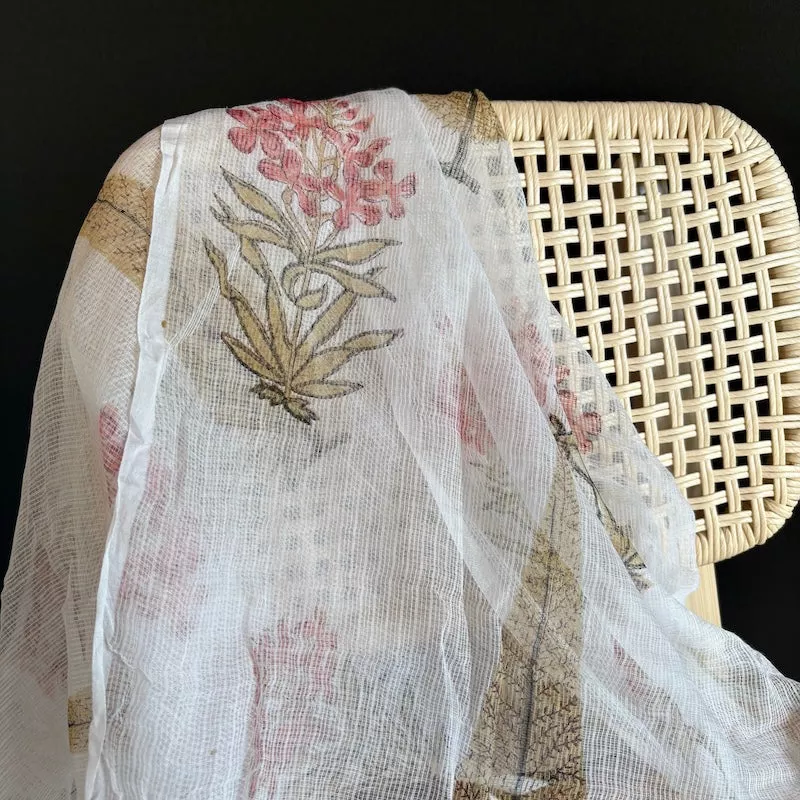 Sanganeri Hand Block Print - Doria Cotton - Leaves and Flowers - White