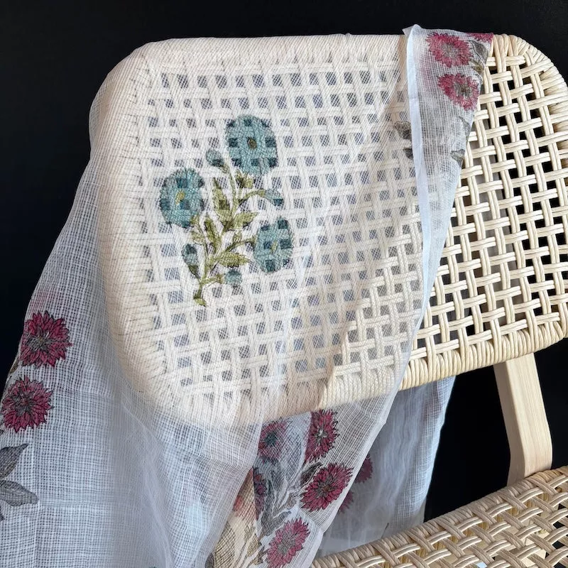 Sanganeri Hand Block Print - Doria Cotton - Mums - White